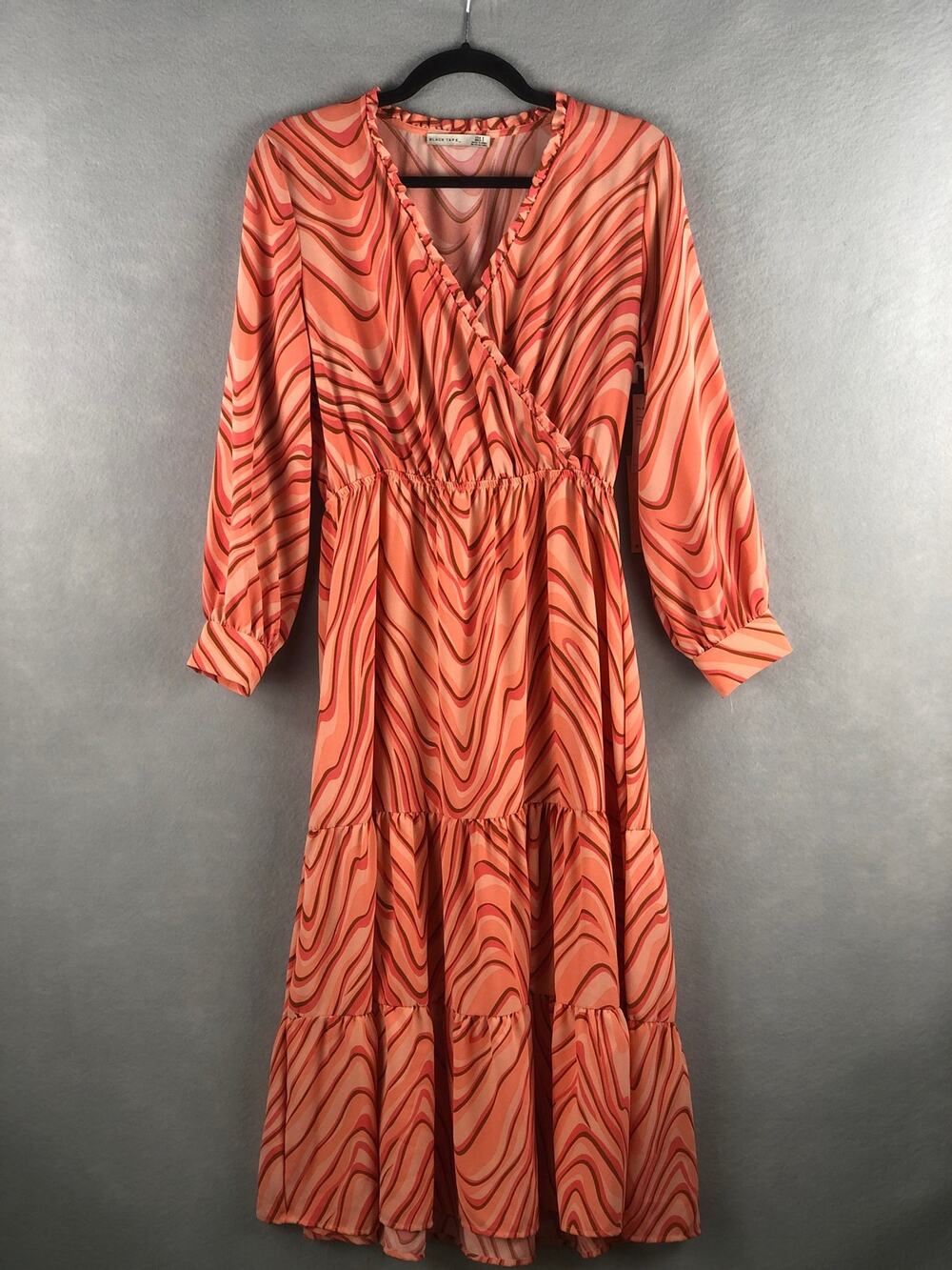 Black Tape Midi Dress Wrap Front Ruffle  in Coral Swirl Women's Size Small NEW